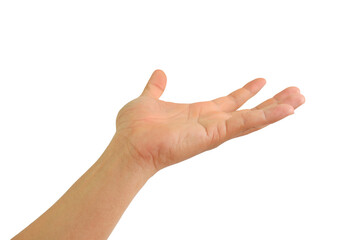 People hand with open palm up or receive gesture isolated on white background. Holding or offering concept. Image with Clipping path