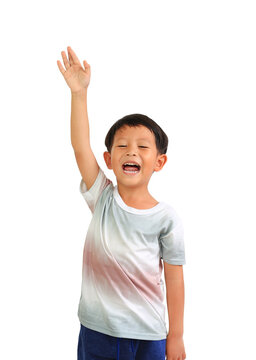 Happy of Asian little boy waving hand on white background.