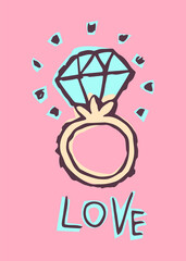 A ring with a diamond. Hand-drawn color illustration. Vector.