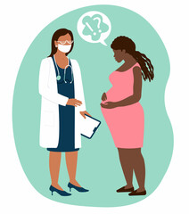 A pregnant African American girl came to the doctor gynecologist with questions, doubts, fears, concerns about the health of the baby and the upcoming birth. Care during pregnancy checkup