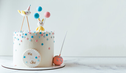 Baby shower party cake with white cream cheese frosting. Guess the gender of the upcoming child. He...