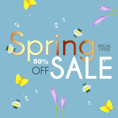 Spring sale poster template with butterflies, bees, water drops and crocus flowers. Season offer.