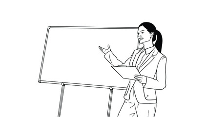 Business woman doing presentation, black and white vector line art
