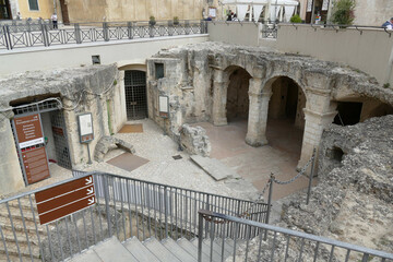 Exterior of the Palombaro with the staircase that descends inside the arches into the rock under Vittorio Veneto square in Matera