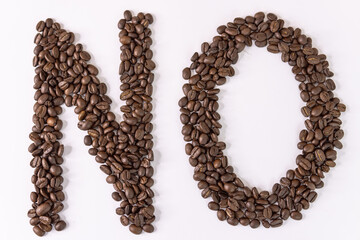 No is written with coffee beans on a white background
