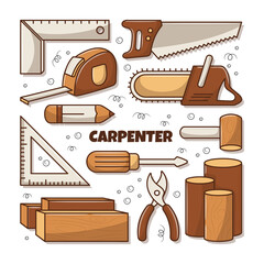 Carpenter simple tools clipart collection with colored hand drawn style