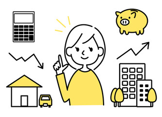 資産価値を説明する女性のイラストとアイコンのセット　ベクター素材　持ち家　車　持ちビル　節約