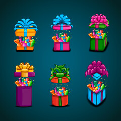 Big set open gift box with vector cartoon candy