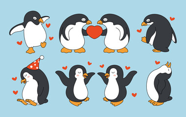 Cute penguin cartoon with hearth and funny pose. Animal icon illustration, isolated on premium vector