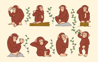 Cute chimpanzee cartoon with funny pose. Primate animal icon illustration, isolated on premium vector