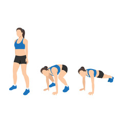 Obraz premium Woman doing Squat thrust exercise. Flat vector illustration isolated on white background