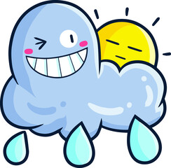 Cute rain cloud smiling and winking to the sun