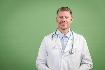 middle aged male doctor with grey hair wearing stethoscope and white coat on green background