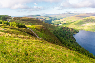 Obraz premium Landscape of a lake surrounded by the green mountains. Lough Tay scenery in Wicklow Mountains, Ireland.