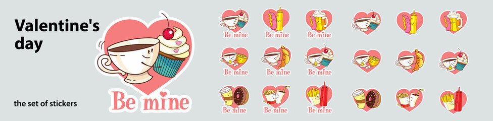 A set of vector stickers. Funny characters in love. Happy Valentine's Day.