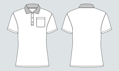 Short sleeve Polo shirt Overall technical fashion Drawing Flat sketch template front and back view. apparel dress design vector illustration mock up Polo tee CAD.
