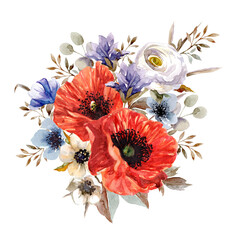 A bouquet of flowers and herbs. Watercolor illustration.
