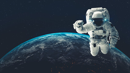 Astronaut spaceman do spacewalk while working for spaceflight mission at space station . Astronaut...