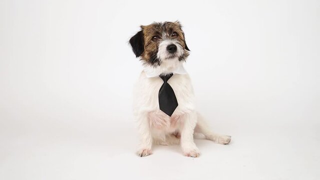 Jack Russell terrier dog gentleman in a hat and bow tie next to a bouquet of orchids on a blue background.
