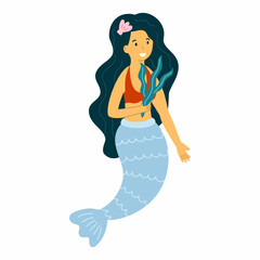 Mermaid with beautiful smile. Cute doodle illustration. Princess for girl. Hero of book.