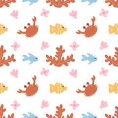 Seamless pattern. Seabed and underwater world. Cute crab, fish and seaweed. Nursery background. Endless wallpaper for printing on fabric.