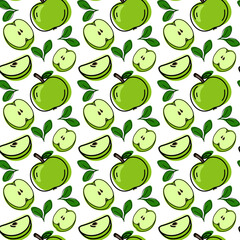 Green apples whole and slice, beautiful vector seamless pattern. Fruits, Suitable for wallpapers, web page food backgrounds, surface textures, textiles. Doodle or hand drawn cartoon style.