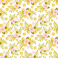 Seamless summer pattern. Floral ornament. Chamomile, dandelion and green branch. Endless background for textiles. Printing on fabric and wrapping paper.