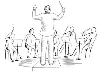 Conductor directs the orchestra graphic black white sketch illustration vector