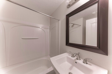 Fototapeta na wymiar Interior of a small bathroom with framed mirror above the sink with widespread stainless faucet