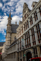Travel photograph, street view in a beautiful sunny September day with some clouds, Leuven, Belgium