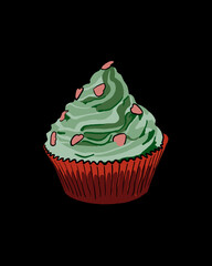 Green cupcake with pink heart shaped pieces - black background