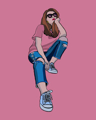 Cool girl with sunglasses, pink t-shirt and blue torn jeans on a pink background