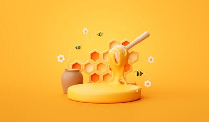 Honeycomb background product podium display 3d stand of natural honey bee pedestal template mockup or healthy nature stage platform backdrop and organic summer beauty beehive yellow scene showcase.