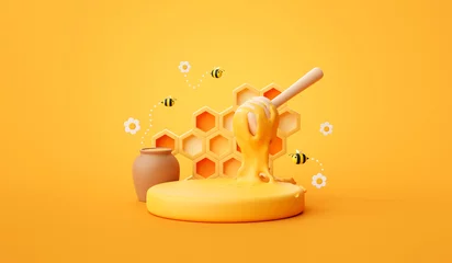 Abwaschbare Fototapete Biene Wabenhintergrund-Produktpodestanzeige 3D-Stand aus natürlichem Honigbienen-Sockel-Vorlagenmodell oder gesunder Naturbühnenplattform-Hintergrund und Bio-Sommerschönheits-Bienenstock-Gelb-Szenenschaufenster.