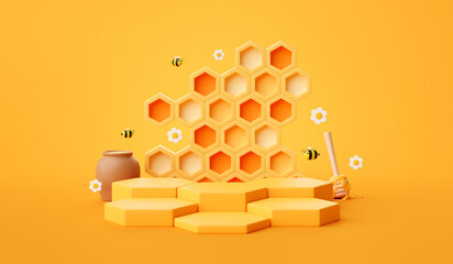 Honeycomb background product podium display 3d stand of natural honey bee pedestal template mockup...