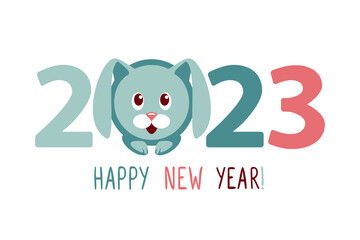Congratulation card. Happy New Year 2023. Rabbit