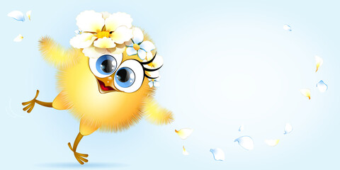 Cute cartoon little yellow chick Girl with flower wreath and petals © Lus Kudritskaja