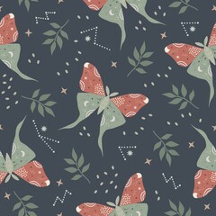 Seamless pattern with leaves and moths. Boho magic background with space elements stars, butterflies. Design for card, fabric, print, greeting, cloth, poster, clothes, textile