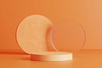 3d minimal cylinder display podiums for product advertising with orange color. 3d rendering of simple abstract display podium and background. 3d illustration.