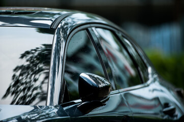 Side view of modern clean shine olive green car.