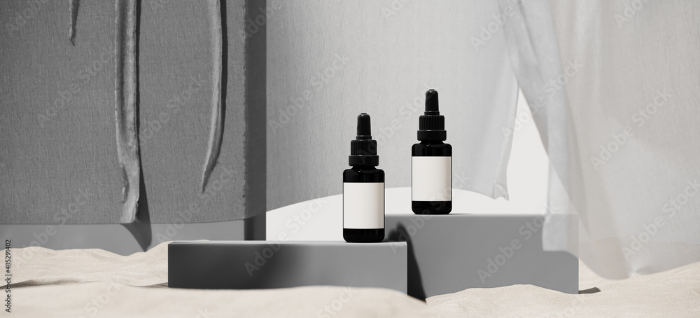 Poster minimal abstract background for summer product presentation. cosmetic podium with sheer grey curtain