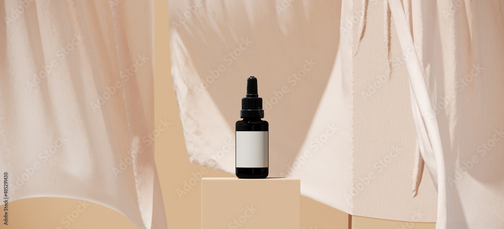 Poster minimal abstract background for summer product presentation. cosmetic podium with sheer beige curtai
