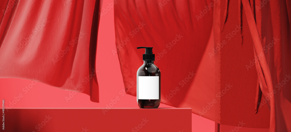 Poster minimal abstract background for summer product presentation. cosmetic podium with sheer red curtains