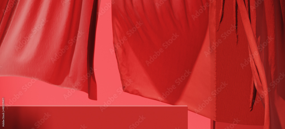 Poster minimal abstract background for summer product presentation. cosmetic podium with sheer red curtains