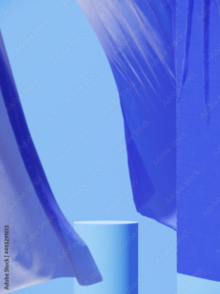 Poster minimal abstract background for summer product presentation. cosmetic podium with sheer blue curtain