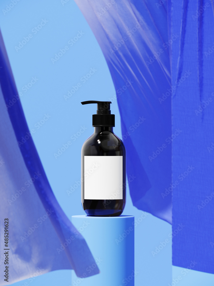 Poster minimal abstract background for summer product presentation. cosmetic podium with sheer blue curtain