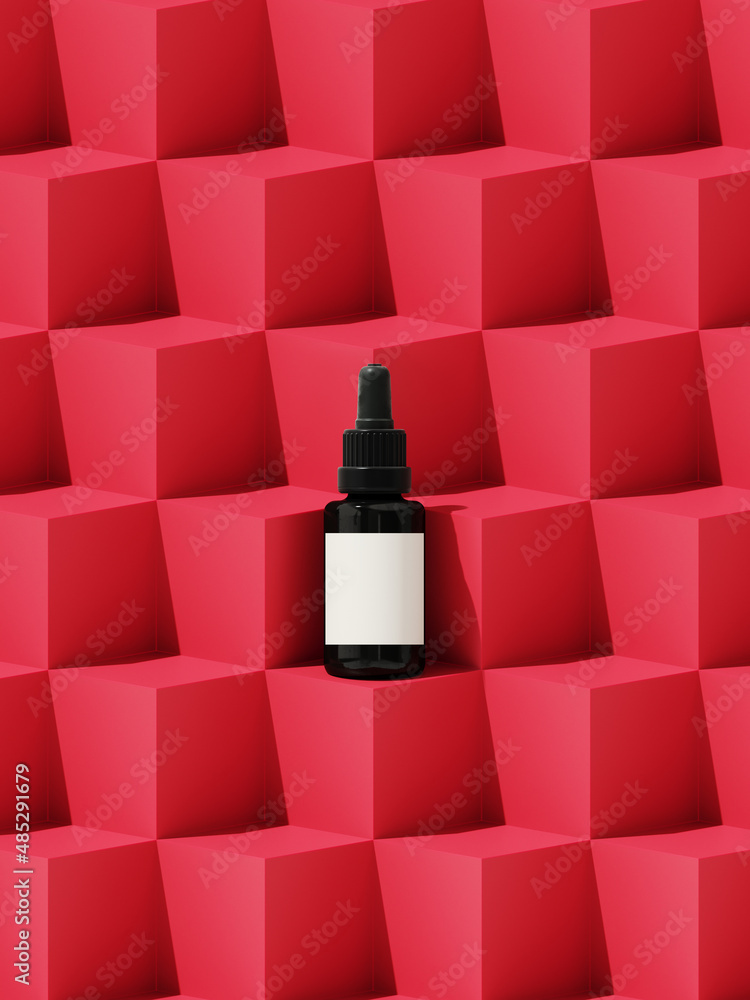 Poster minimal abstract mockup background for product presentation. cosmetic bottle on red geometric step p