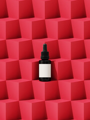 Minimal abstract mockup background for product presentation. Cosmetic bottle on red geometric step podium. 3d render illustration. Clipping path of each element included.