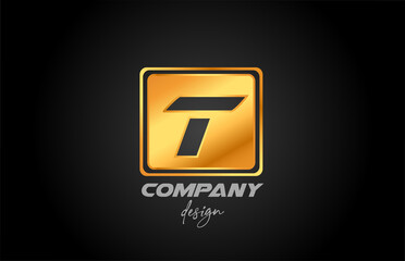 T gold golden metal alphabet letter logo icon with square design. Creative template for business and company