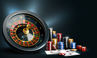 Сards, chips, craps and roulette. Casino background . Big win illustration casino. Game design, flyer, poster, banner, advertisement.